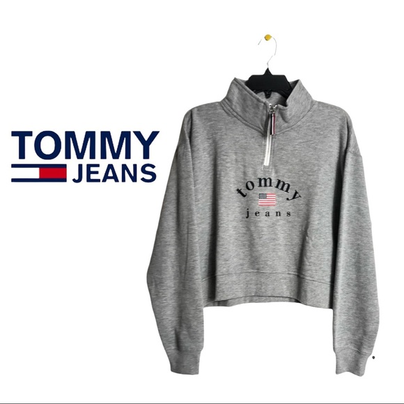 NWT Tommy Jeans Gray Quarter Zip Pullover Sweatshirt - Picture 1 of 12